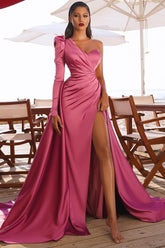 Cool Pink One Shoulder Long Sleeves Ruffles Side Slit Prom Dress